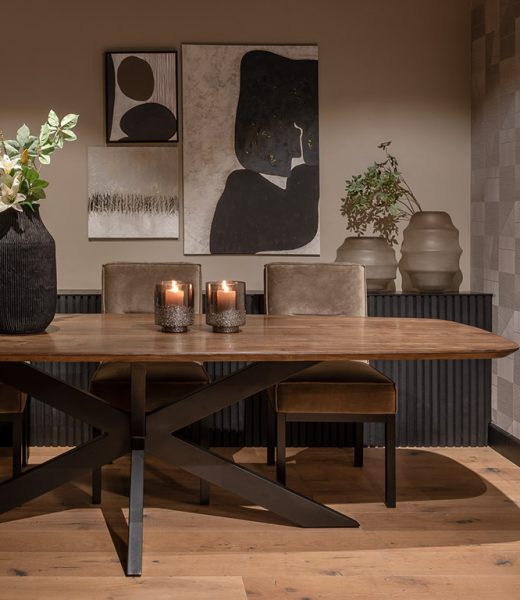 Bruuts eettafel Deens Ovaal Verjongde Rand Spinpoot metaal recht UrbanSofa Signa eetkamerstoel Satin Liver - Stel je Bruuts eettafel zelf samen