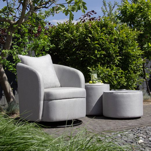 UrbanSofa Outdoor Fauteuil Venice in Natte Grey Chine met Swing Functie en Bellagio Outdoor Poefen high en low in Natte Grey Chine 7